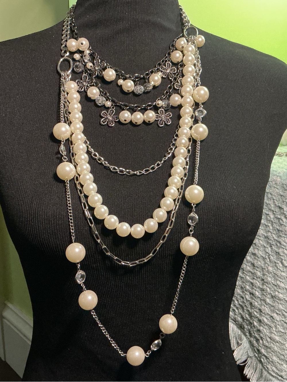 2-Piece Stacking Layered White Pearls and Silver Chain Statement Necklaces